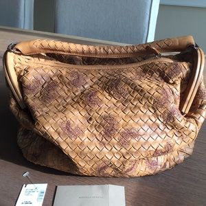 Bottega Veneta Tan Woven Leather Satchel with Embossed Accents